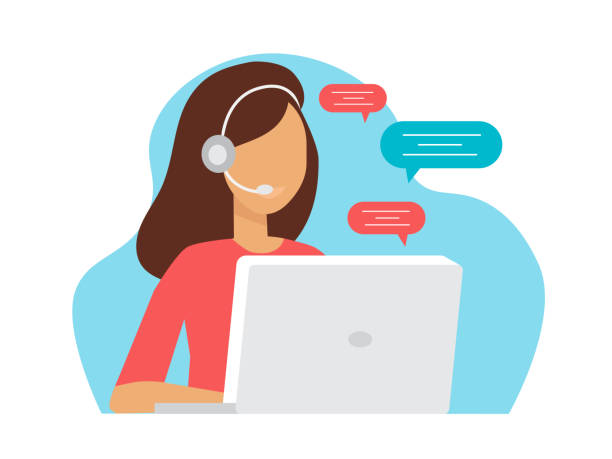 Customer service. Woman operator call center with headphones and microphone with laptop. Support, assistance, call center, hot line, help, response, consultation vector art illustration