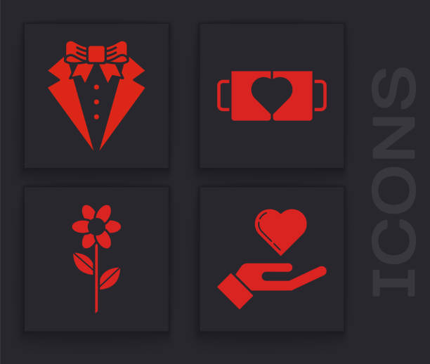 손에 하트, 정장, 두 커피 컵과 마음과 꽃 아이콘을 설정합니다. 벡터 - heart shape heart suit valentines day love stock illustrations