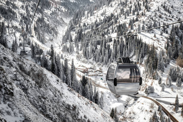 istock Ski cableway in the snowy, wooded mountains 1364474507