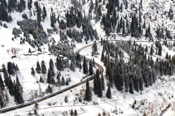 istock Aerial view of snowy forest with a road 1364474534