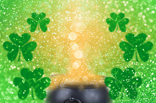 St Patrick’s Day leprechaun pot of gold shamrock Patty background