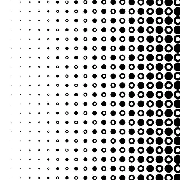Vector illustration of Two kind of circles in grid pattern, horizontal size gradient fading to the right