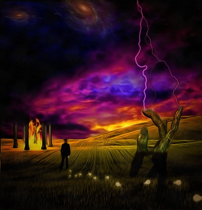 Surreal painting. Man stands near the temple of fire. Giant stone hand at the horizon. Light bulbs represents ideas. 3D rendering