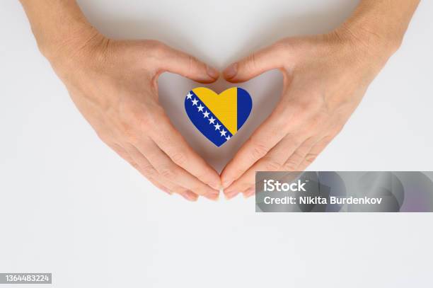 The National Flag Of Bosnia And Herzegovina In Female Hands Stock Photo - Download Image Now
