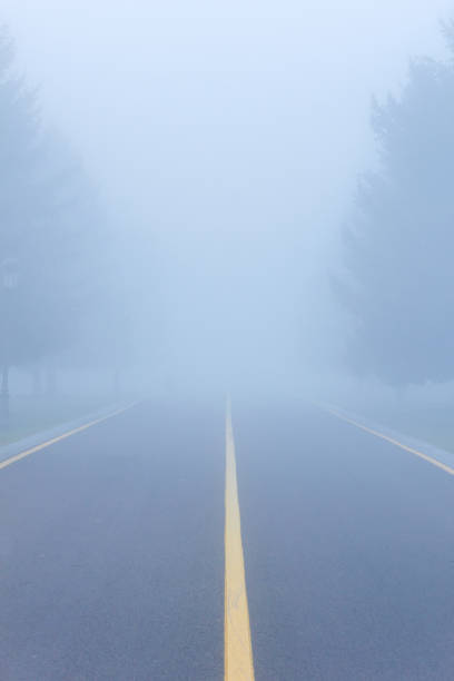 istock Foggy rainy highway road, low poor visibility, accident danger warning. 1364483950
