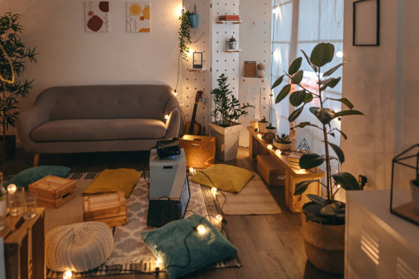 istock Living room with projector screen and cushions 1364484840