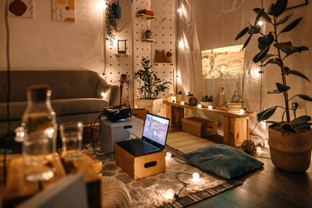 istock Living room with projector screen and cushions 1364484862