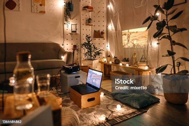 Living Room With Projector Screen And Cushions Stock Photo - Download Image Now - Domestic Room, Small, Apartment