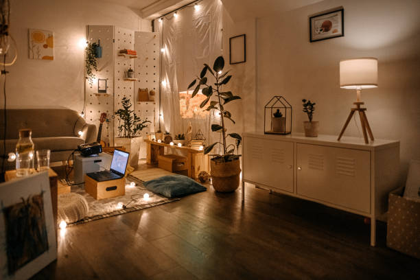 istock Living room with projector screen and cushions 1364484872