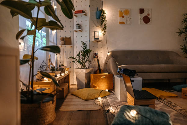 Living room with projector screen and cushions