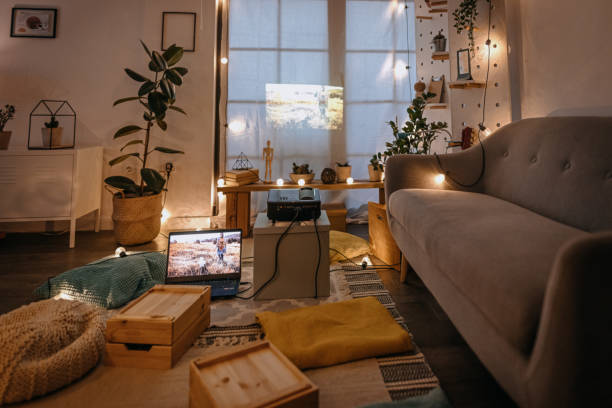 istock Living room with projector screen and cushions 1364484893