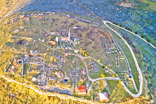 Aerial view of Bribirska Glavica historic site in the stone desert, Dalmatia Hinterland region of Croatia