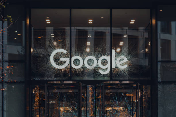 name sign above the entrance of google offices in london, uk. - google imagens e fotografias de stock