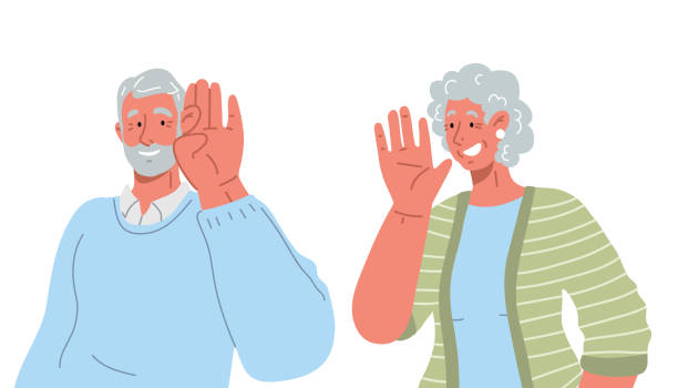 ilustrações, clipart, desenhos animados e ícones de velha senhora sussurrando algo para seu homem aposentado. ilustração plana vetorial. - whispering couple discussion smiling