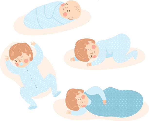 ilustrações, clipart, desenhos animados e ícones de bebê dorme em várias poses. 0-12 meses. diferentes posições de sono. swaddled recém-nascido. criança dorme em um saco de dormir. - dreams baby lying on back child