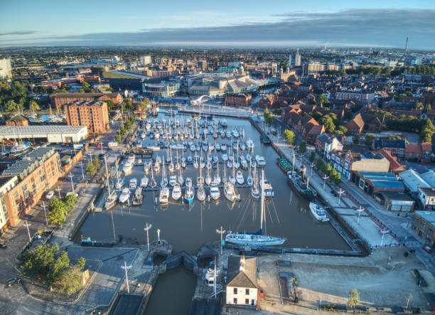 Kingston-upon-Hull citywide view Kingston upon Hull, UK - March 30 2021
Aerial view of the city of Kingston upon Hull - taken above the River Humber and waterfront area, and looking towards the city centre kingston harbour stock pictures, royalty-free photos & images