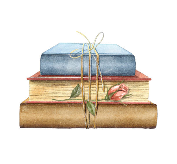 ilustrações, clipart, desenhos animados e ícones de pilha vintage de aquarela de livros com rosa - old book illustrations