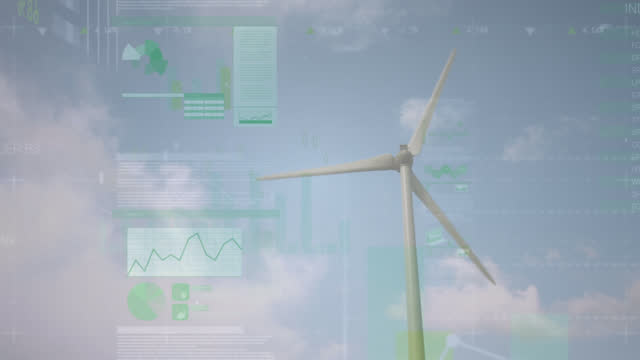 Composite video of screens with statistical data processing against spinning windmill