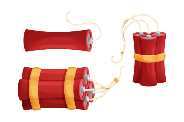 istock Set dynamite stick, bomb, tnt collection in cartoon style isolated on white background. Weapon vintage game element. Explosion object. Vector illustration 1364501510