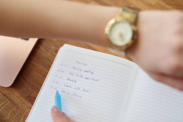 istock Woman write down plan for day, look at wristwatch to check time 1364501560