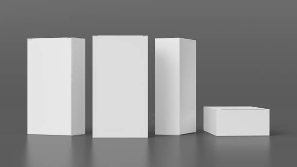 istock Gift box mock up: four tall, wide and flat white boxes on gray background. Front view. 1364503884