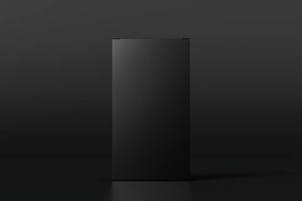 ギフトボックスモックアップ:黒の背景に背の高い、平らで広い黒いボックス。フロントビュー。 - black box ストックフォトと画像