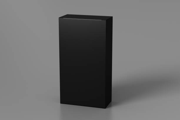 istock Gift box mock up: tall, flat and wide black box on gray background. View above. 1364503960