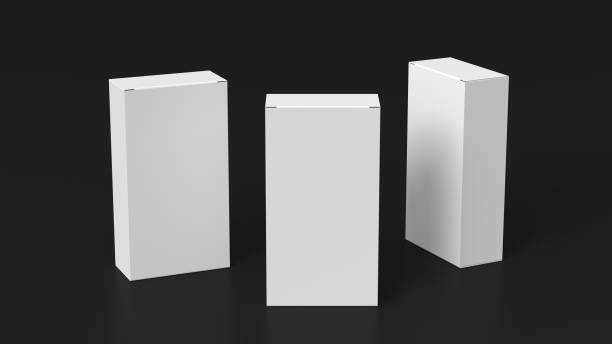 istock Gift box mock up: three flat, tall and wide white boxes on black background. View above. 1364504023