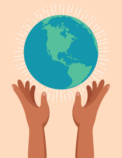 Black Hands Holding Up A Globe. Earth Day Concept A person of color reaching up to protect the Earth. Concept art for Earth day. Flat colors. CMYK. energy conservation posters drawing stock illustrations