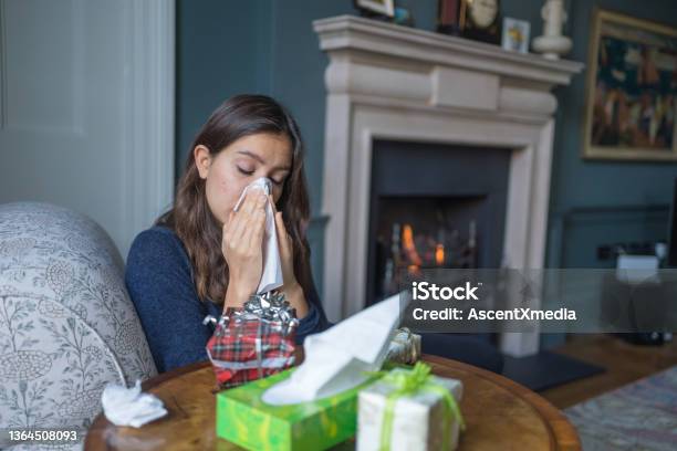 Young Woman Relaxes In Living Room At Home Stock Photo - Download Image Now - Christmas, UK, Fireplace