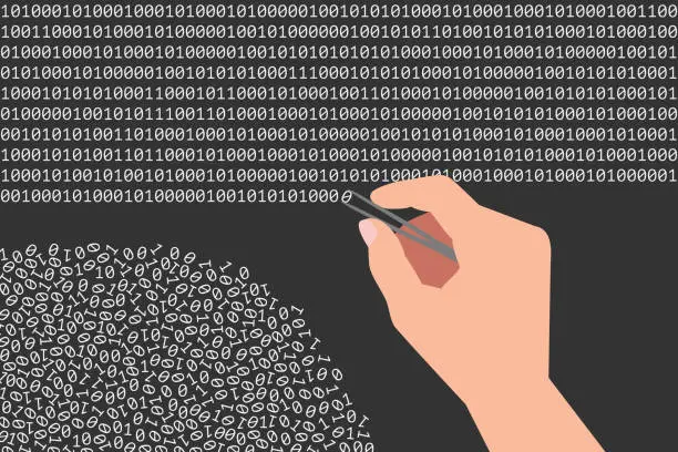 Vector illustration of Placing 0 and 1 digits in the right order from chaotic heap