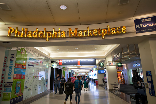 Philadelphia, USA - September 4, 2021. Passengers walking at the terminal of Philadelphia International Airport, Philadelphia, USA