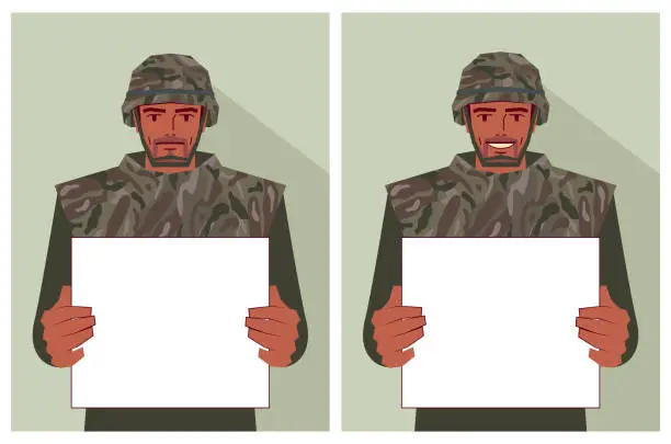 Vector illustration of An Army soldier holds a blank sign with two different emotions