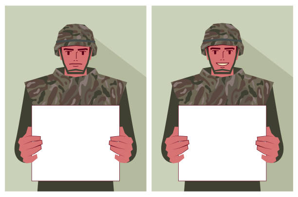 żołnierz armii trzyma pusty znak z dwoma różnymi emocjami - police officer security staff honor guard stock illustrations