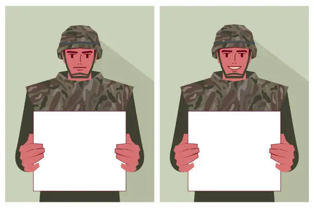 Vector illustration of An Army soldier holds a blank sign with two different emotions