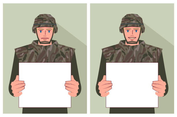 żołnierz armii trzyma pusty znak z dwoma różnymi emocjami - police officer security staff honor guard stock illustrations
