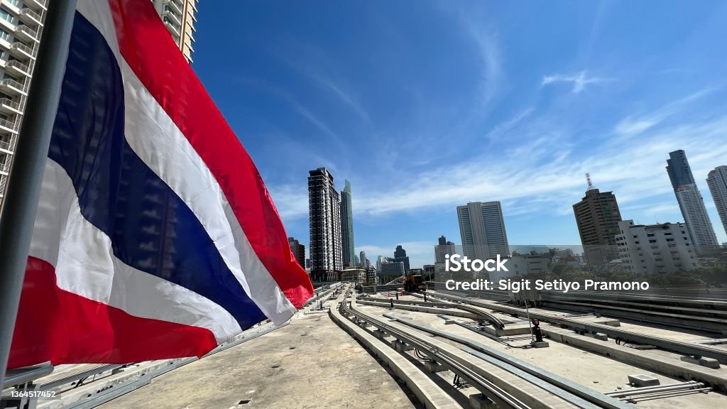 Thailand flag with railway infrastructure Infrastructure Architecture Stock Photo