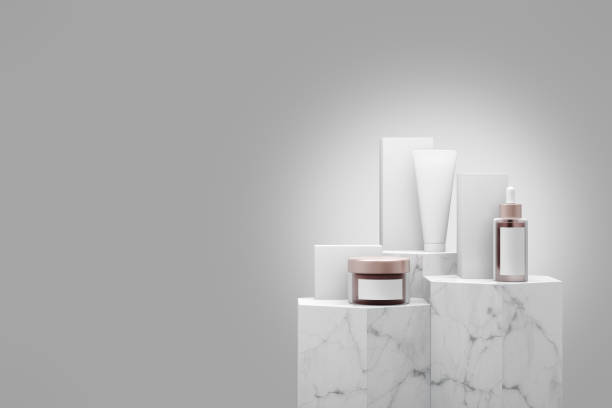 istock Cosmetics on hexagon block step white marble podium with colored background in luxury studio scene. 1364517773