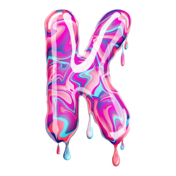 istock Letter K made of multi-colored candy, sweets melt. isolated on white background. Colorful character font alphabet letters. Concept element for design. 3D illustration, 3D rendering. 1364519421