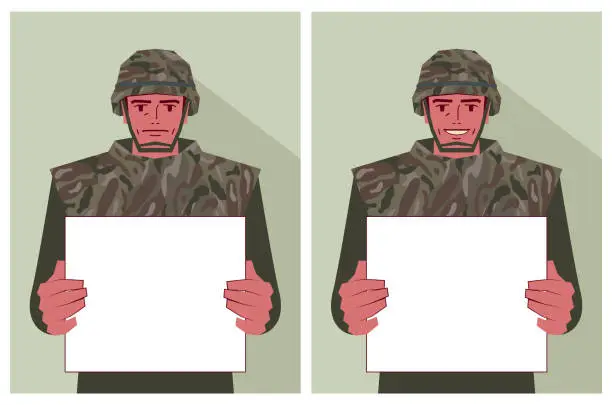 Vector illustration of An Army soldier holds a blank sign with two different emotions