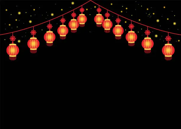 Vector illustration of Illustration of lanterns hanging against the background of the starry sky