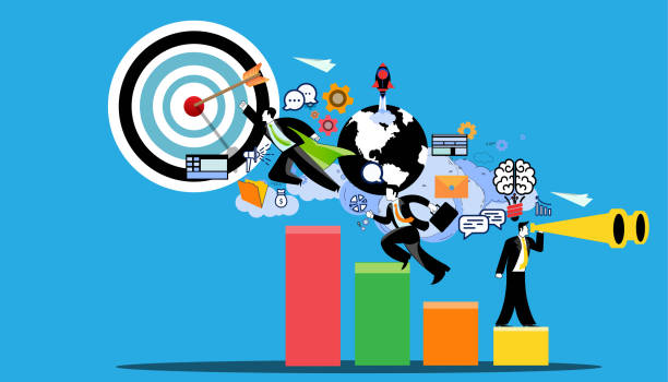 istock Businessman holds telescope foresight.businessman running  with businessmen workers flying to success.idea and concept creativity illustration business. 1364526083