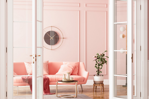 Entrance Of Living Room With Pink Sofa, Potted Plant And Coffee Table