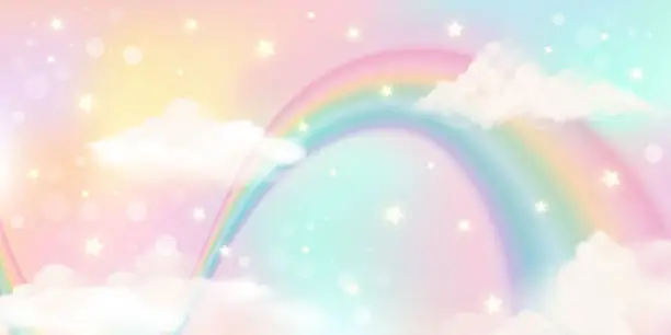 Vector illustration of Holographic fantasy rainbow unicorn background with clouds. Pastel color sky. Magical landscape, abstract fabulous pattern. Cute candy wallpaper. Vector.