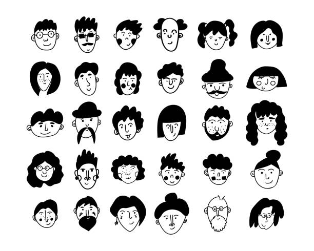 illustrazioni stock, clip art, cartoni animati e icone di tendenza di set di avatar di persone in stile doodle. 12 ritratti di ragazzi, uomini, ragazze, donne, persone transgender. diverse età - caricatura