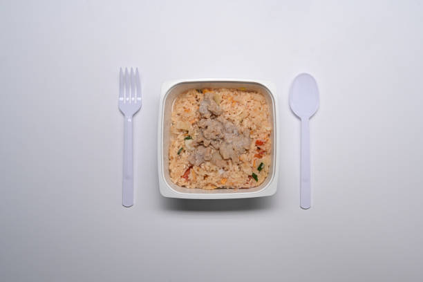 Top view frozen fried rice with pork on white background.