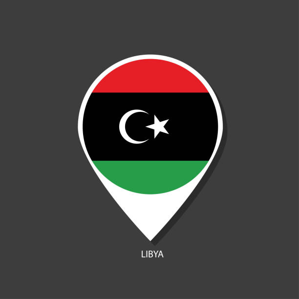 illustrazioni stock, clip art, cartoni animati e icone di tendenza di icona del check-in della bandiera della libia con il nome della città su sfondo nero. - libyan flag