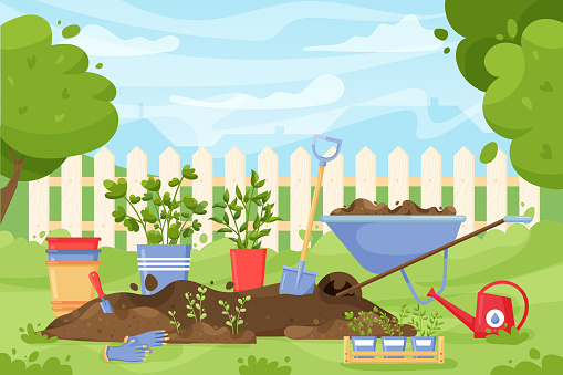 Garden landscape. Cartoon concept with spring and summer garden scene with tools and instruments for agriculture and soil work. Vector illustration landscapes summertime gardening
