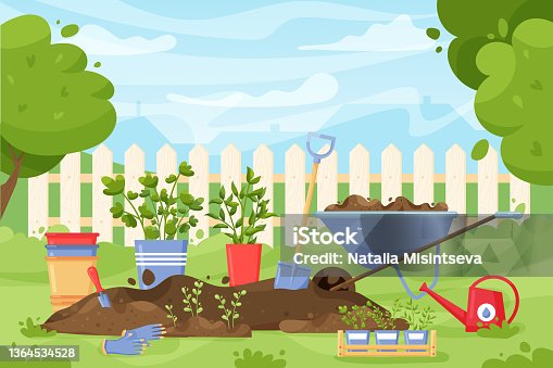 istock Garden landscape. Cartoon concept with spring and summer garden scene with tools and instruments for agriculture and soil work. Vector illustration 1364534528
