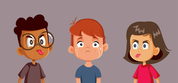 School Kids Bullying a Classmate Making him Cry Vector Illustration Schoolmates taunting and mocking unhappy little boy child misbehaving stock illustrations